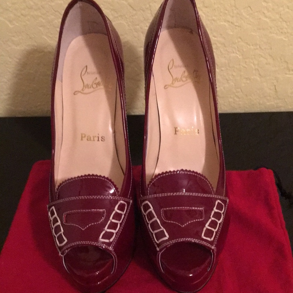 Christian Louboutin Burgundy Patent Peep-Toe Pumps